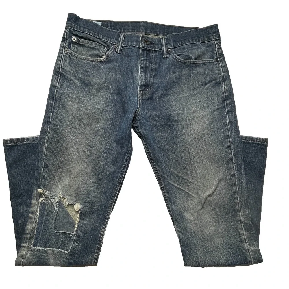 Levis 511 Jeans Mens 34x32 Slim Fit Distressed Blue Denim Button Fly